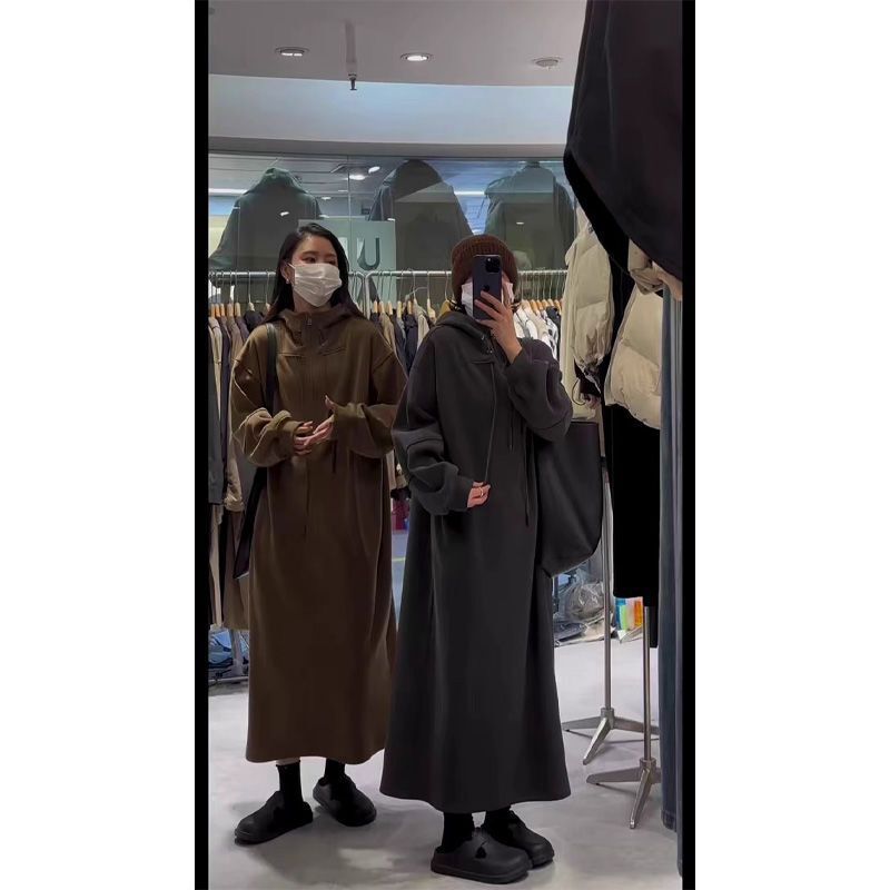 特大码连衣裙300斤胖加绒加厚长款卫衣裙女秋冬款宽松半拉链连帽|undefined