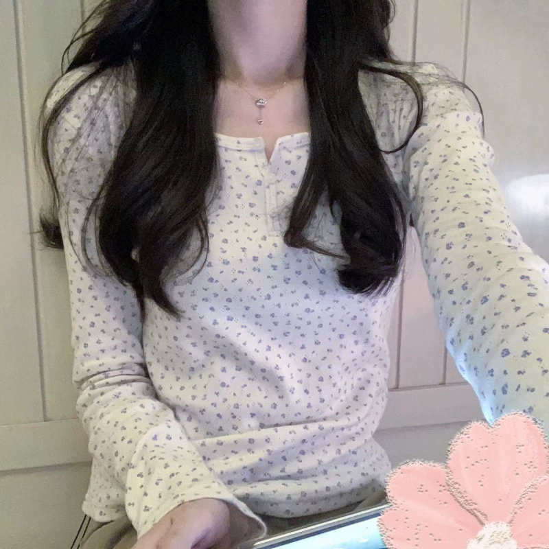 Женская нижняя рубашка с длинными рукавами и цветочным принтом. Женская рубашка на пуговицах с круглым вырезом Maillard, новый универсальный утягивающий внутренний топ.