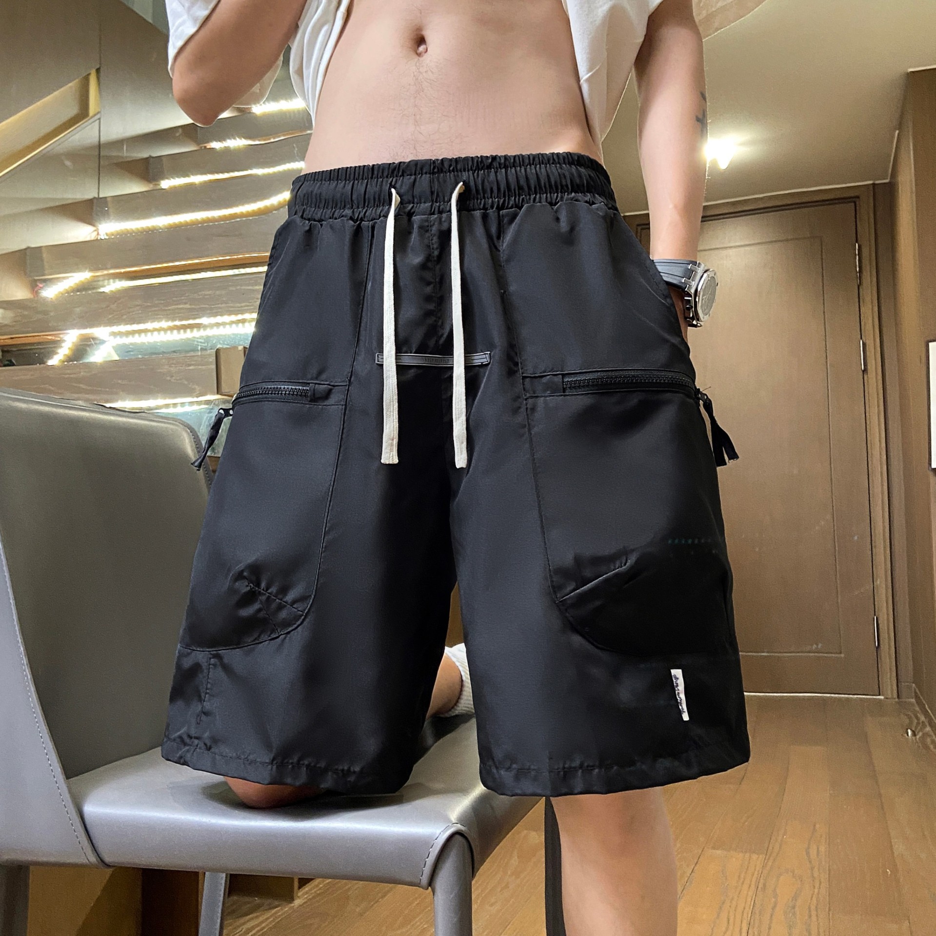 Camisas menos ropa pantalones de cinco puntos sueltos casuales delgados de verano para hombres, pantalones de playa de secado rápido con cremallera de varios bolsillos, pantalones de hombre