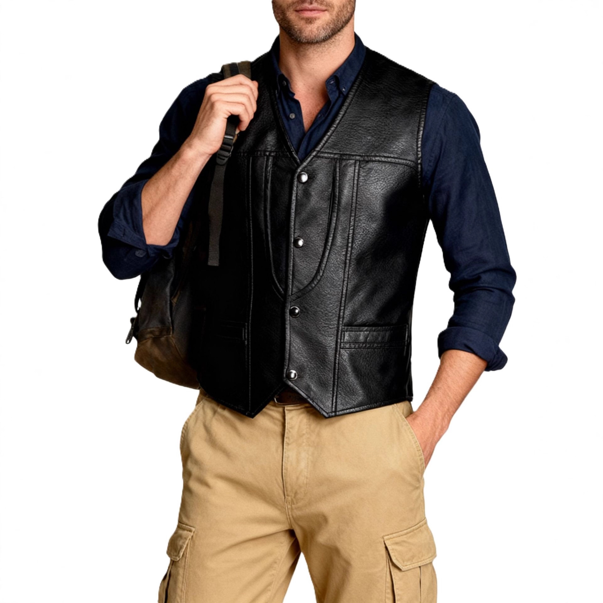 Monochrome Man- Spring And Autumn Cardigan Fashion Urban V-Neck PU Leather Vest Men's Tank Top_voghion.com