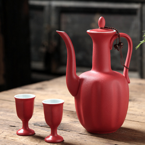 PK7J Wholesale Wine Pot, Wedding Banquet Toasting Cups, Festive Wine Dispenser, Red Ceramic Wine Set for Bridal Celebrations, Chinese Style