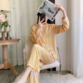 韩版秋冬季新款冰丝睡衣女条纹黄象高级感印花家居服套装厂家批发
