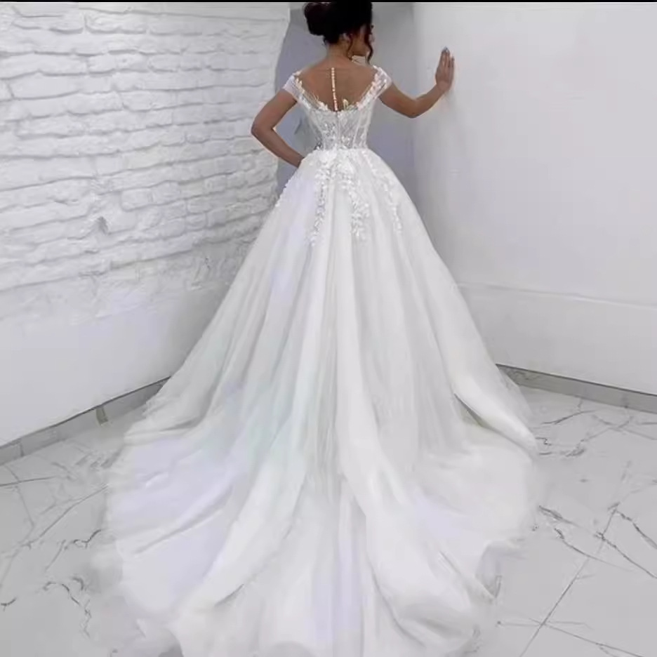Comercio exterior directo de la fábrica principal boda vestido de novia de las mujeres de gama alta de lujo de encaje fuera del hombro sin espalda vestido de novia grande que se arrastra image 3