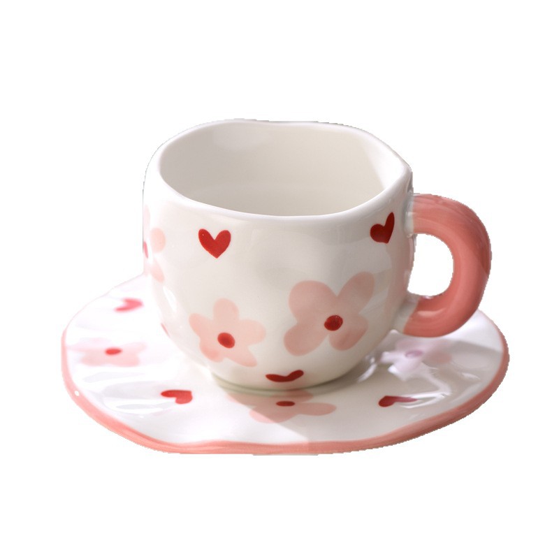 Creativo adorable ins amor cerámica taza de leche taza de café plato conjunto de taza de flores mano taza