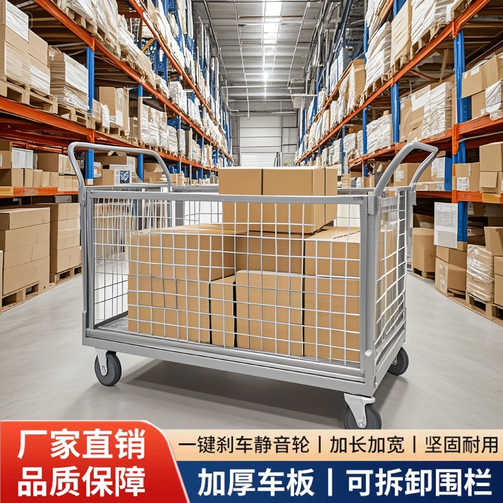 围栏手推车网格车搬运车拣货车带护栏平板车推货车拉货摆摊小推车