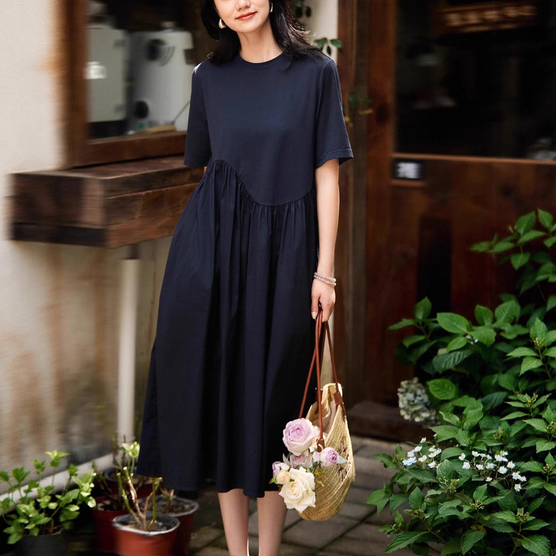 Lightweight Choice, Casual Elegant, Structured Pleated Splicing Design Short-Sleeved Dress/Mid-Length Skirt
