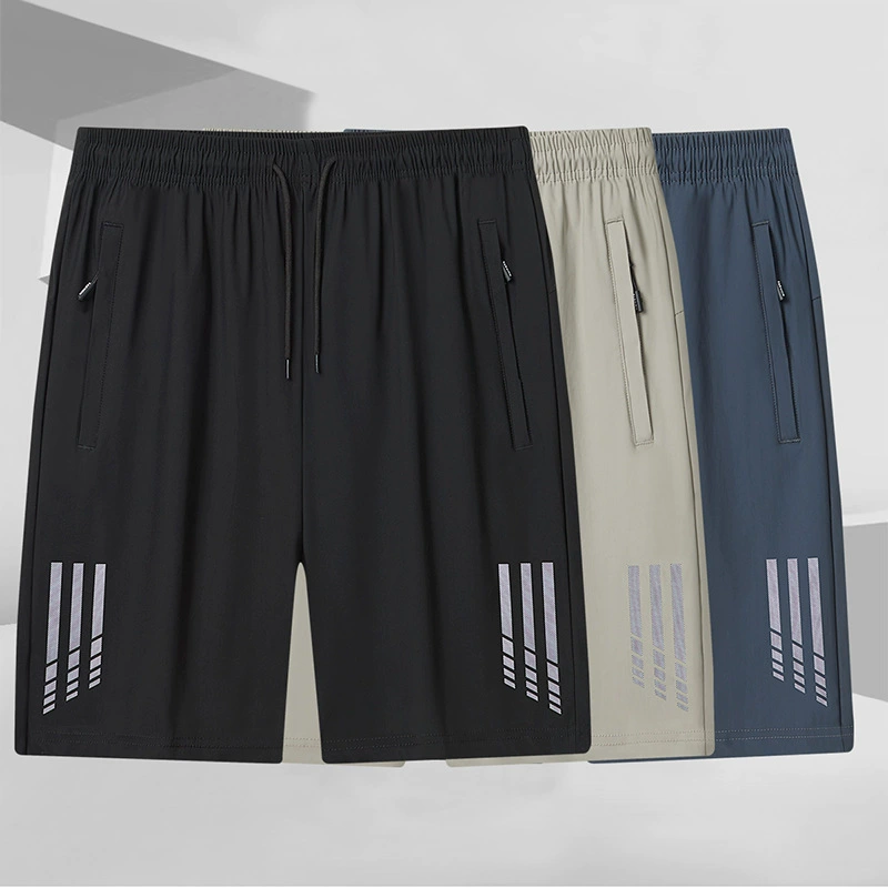 Летние быстросохнущие брюки для мужчин, легкие дышащие шорты из ледяного шелка с пятью точками плюс повседневные спортивные брюки для фитнеса больших размеров для верхней одежды