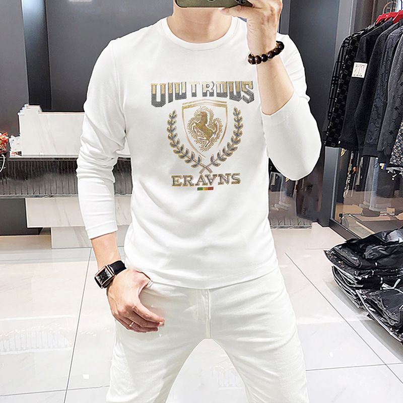 New long sleeved T-shirt base shirt with rhinestones, war horse European goods, men's round neck, spring and autumn_voghion.com