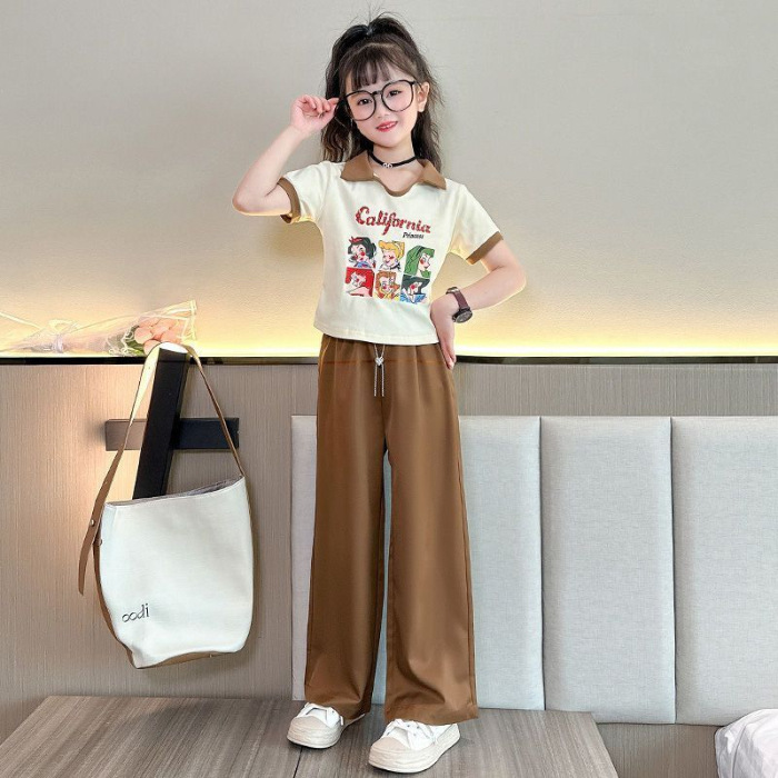 Traje de pantalones anchos casuales de verano para niñas 2023 nueva ropa de estilo occidental de moda traje de dos piezas de manga corta de verano