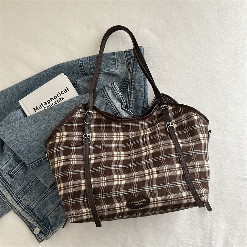 Bolso Tote a cuadros de color en contraste de gran capacidad para mujer 2024 nuevo bolso de hombro de lona casual de moda de viaje de trabajo de otoño