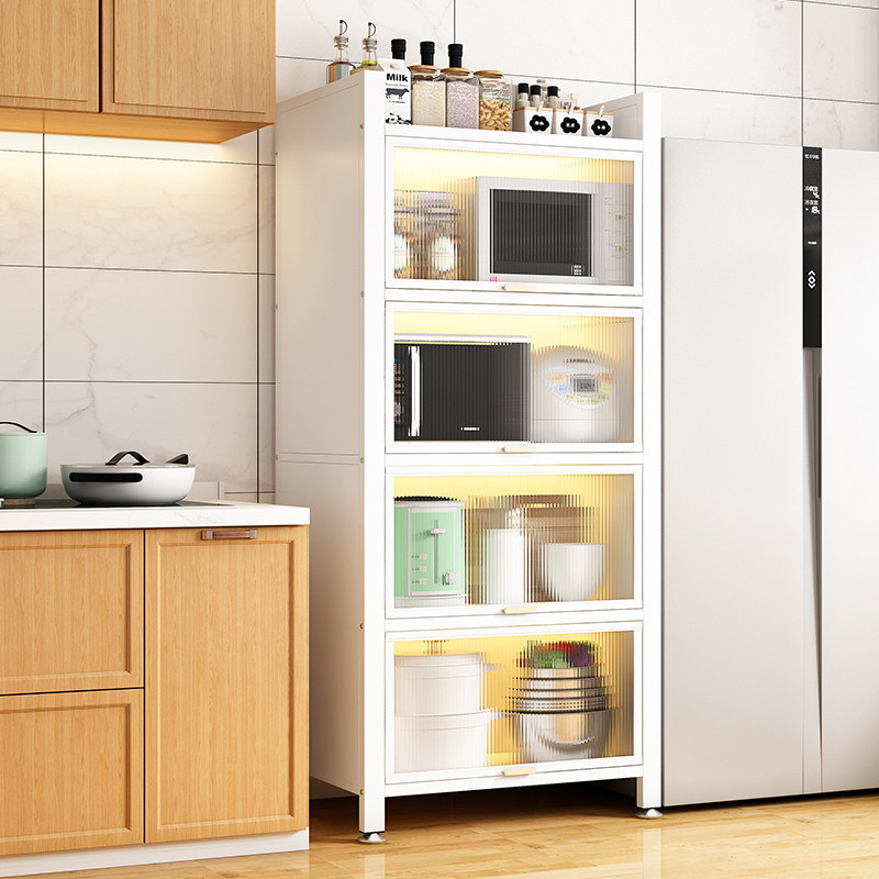 Estante de cocina de piso armario de cocina doméstico con puerta de almacenamiento de microondas tazón de acero al carbono armario de comedor