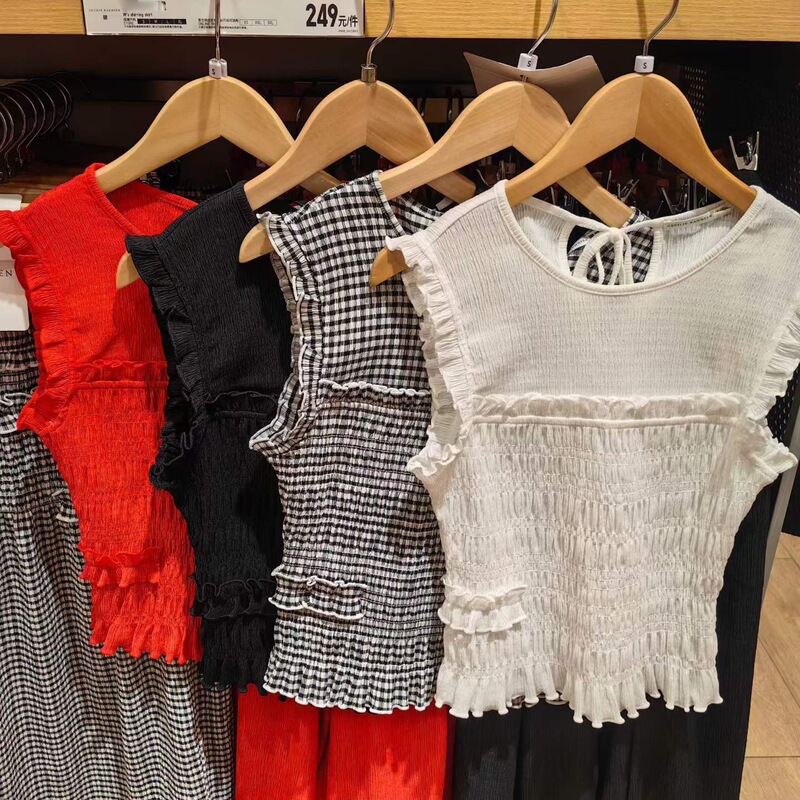French-Style Commuting Plaid Ruched Vest for Women, Summer Round-Neck Seersucker Ruched Sleeveless Top 488088 French-Style Commuting Plaid Ruched Vest for Women, Summer Round-Neck Seersucker Ruched Sleeveless Top 488088