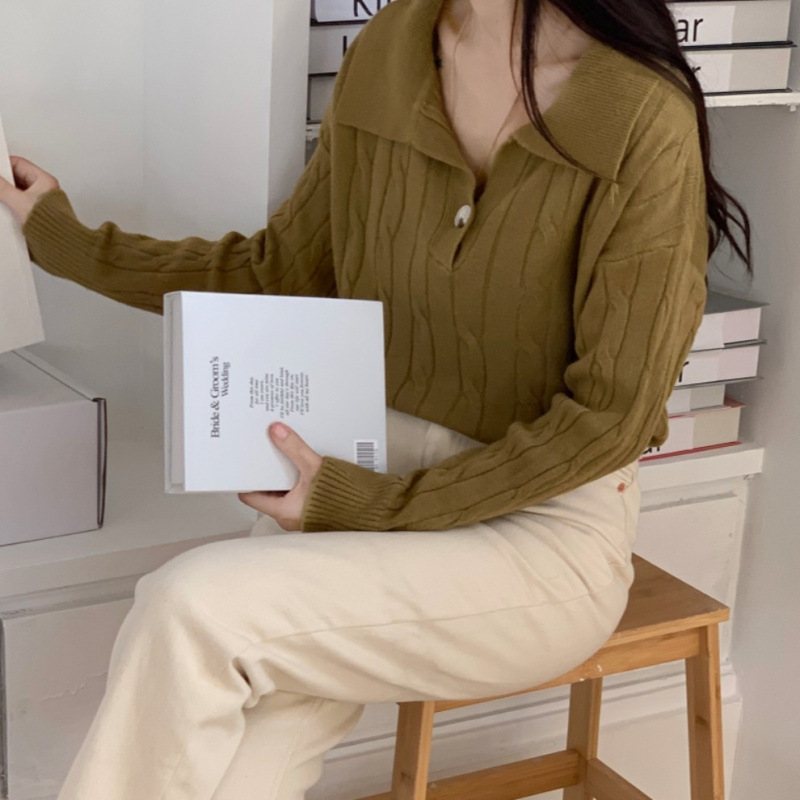 Nuevo suéter de viento perezoso con solapa coreana suelta estilo extranjero torcido chaqueta de moda camiseta de punto de mujer image 1