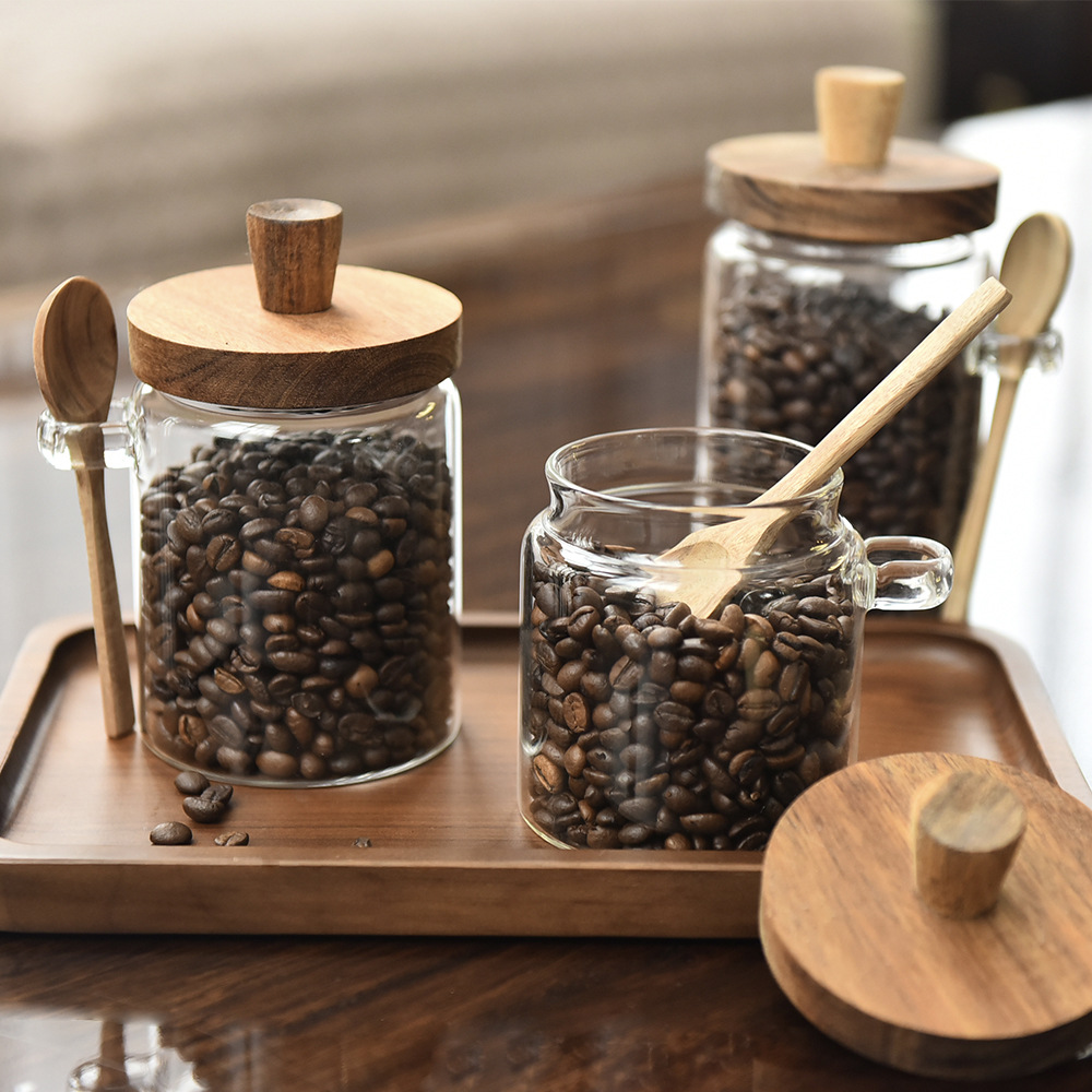 Tanque de vidrio sellado japonés, tanque de almacenamiento de granos de café doméstico con botella de condimento de cuchara de madera, tanque de almacenamiento de alimentos de cocina mayorista