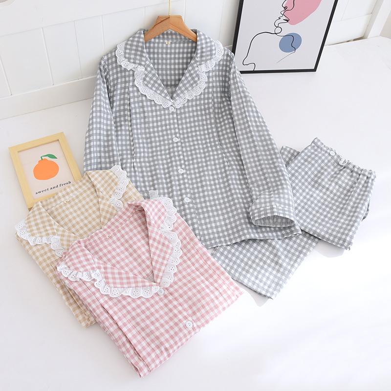 Four Seasons Thin Moon Suit Double-Layer Cotton Yarn Plaid Lapel Nursing Pajamas Pregnant Women's Long Sleeves for Prenatal and Postpartum
