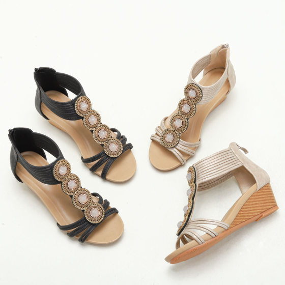 Wedge Sandals Women's Summer Roman Sandals 2024 New Soft Bottom Non-slip Retro Beaded Large Size Women's Shoes 1418-886