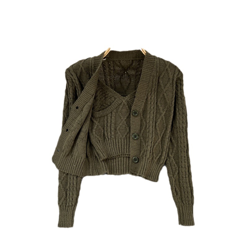 Damenbekleidung V-Ausschnitt verdrehte Strickjacke zweiteiliger Anzug für Damen im Frühjahr und Herbst neue Mode lässig einfarbiger Pullover Damenanzug_voghion.com