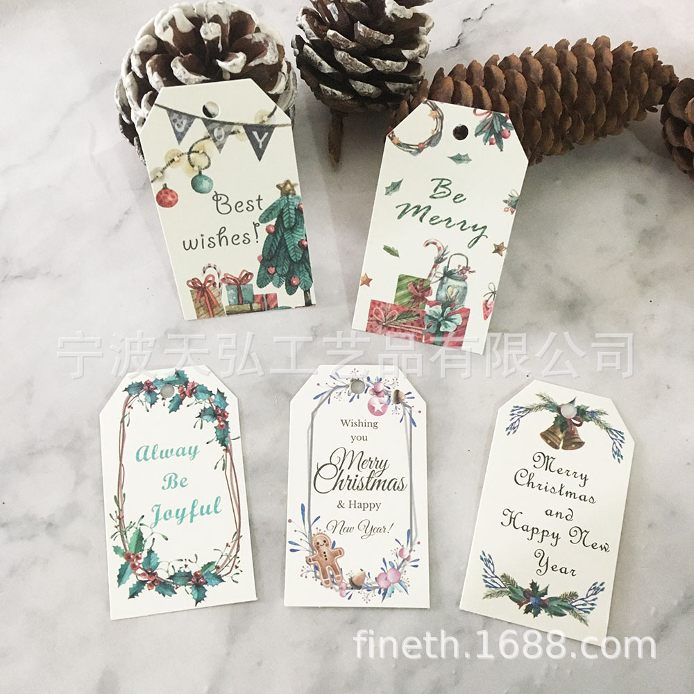 圣诞系列白色底5款配绿白棉绳牛皮纸吊牌 生日礼物圣诞节 派对