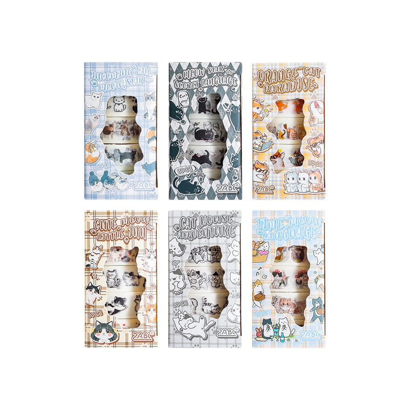 Gatito conjetura y caja de cinta de papel 5 involucrado en dibujos animados animal libro diario pegatinas paisajismo transfronterizo pegatinas de gatos