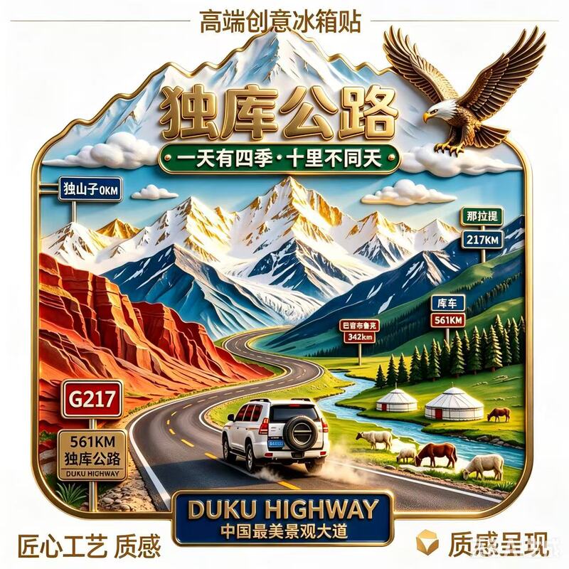 Xinjiang Cultural and Creative Metal Refrigerator Magnets, Duku Highway Tourist City, Xinjiang Landmark Souvenirs Wholesale Xinjiang Cultural and Creative Metal Refrigerator Magnets, Duku Highway Tourist City, Xinjiang Landmark Souvenirs Wholesale