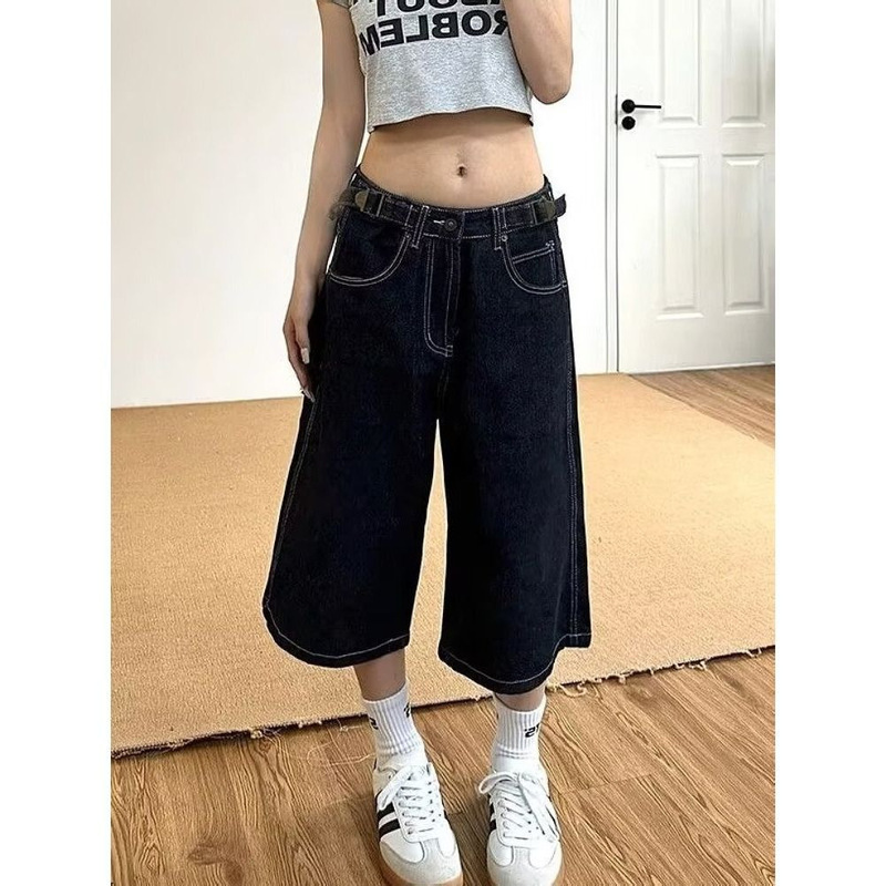 American Retro Style Adjustable Buckle Dark-Colored Jeans Unisex Summer New Loose Straight Wide-Leg Cropped Pants American Retro Style Adjustable Buckle Dark-Colored Jeans Unisex Summer New Loose Straight Wide-Leg Cropped Pants