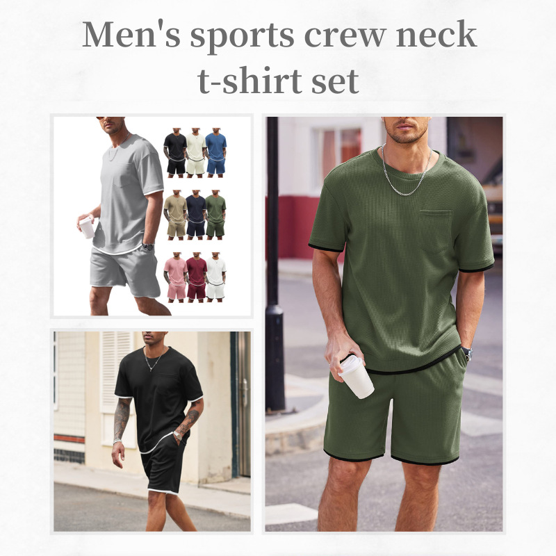 Amazon 2024 Men's Summer Foreign Trade Hot Outdoor Leisure Sports Two-piece Sports Crewneck T-shirt suit