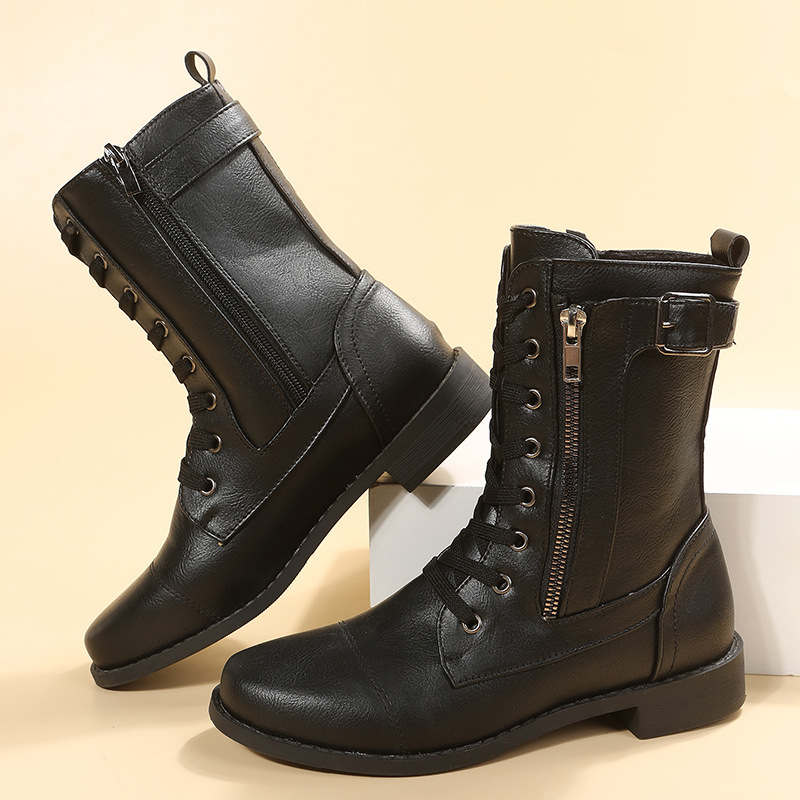 Chaussures pour femmes nouvelles bottes Martin à bout rond et à talon bas avec fermeture éclair sur le côté pour femmes, bottes en cuir rétro à talon carré et tube moyen de grande taille_voghion.com