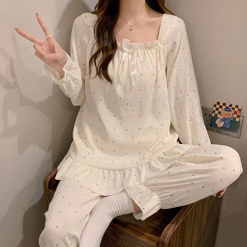 Pijamas de tela arrugada al por mayor transfronterizos primavera y otoño dulce princesa cinturón de viento almohadilla de pecho pantalones de manga larga dos piezas de ropa para el hogar