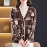 跨境2025秋冬新款全毛针织毛衣字母提花外套羊毛衫开衫上衣年轻款，女装针织衫/毛衣，妃慕昵服饰