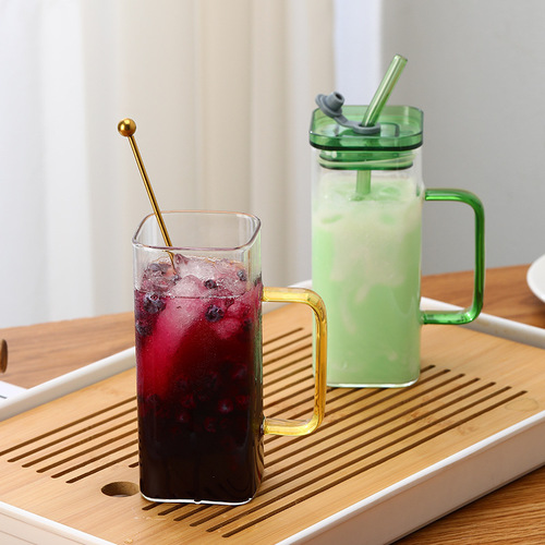 High borosilicate glass water cup, high temperature resistant household straw, juice milk cup, square glass with handle