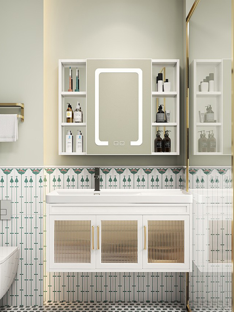 Luz nórdica de lujo espacio de aluminio gabinete de baño mesa de lavado lavabo gabinete de baño lavabo combinación de cerámica cuenca integrada