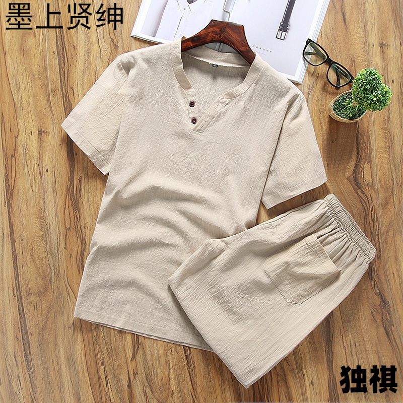 Camiseta de lino de manga corta traje deportivo de verano para hombre