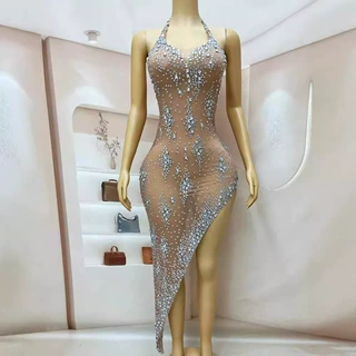 STOCK女星同款网纱吊带满钻镂空性感连衣裙舞台设计感