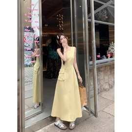【隐形拉链＋小背包】清纯温柔黄色连衣裙女夏圆领收腰显瘦a字背