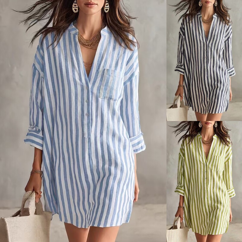 2026 European and American cross-border independent station autumn and winter new women's fashion hot-selling casual stylish V-neck striped shirt dress 2026 European and American cross-border independent station autumn and winter new women's fashion hot-selling casual stylish V-neck striped shirt dress