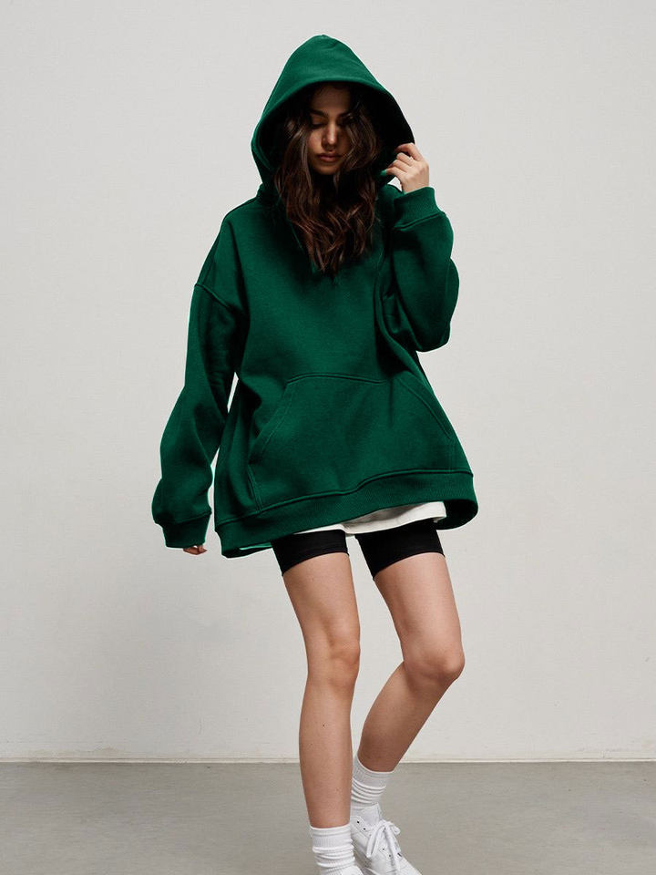 Áo hoodie nỉ lông dáng rộng có mũ và túi, tay dài, dáng unisex — Màu cà phê, Màu hồng, Màu xám, Màu đen chi tiết 51