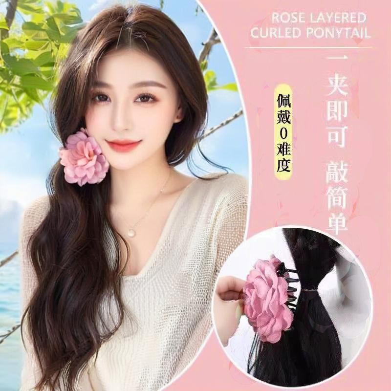Peluca de cola de caballo mujer rojo neto corbata lateral flor de rosa pinza simulación natural cabello ondulado cabello rizado peluca trenzada cola de caballo