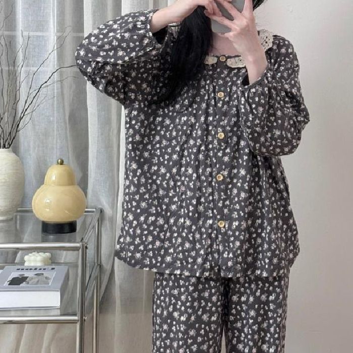 ins日系甜美碎花云朵棉睡衣女带胸垫春秋长袖蕾丝花边家居服套装|undefined