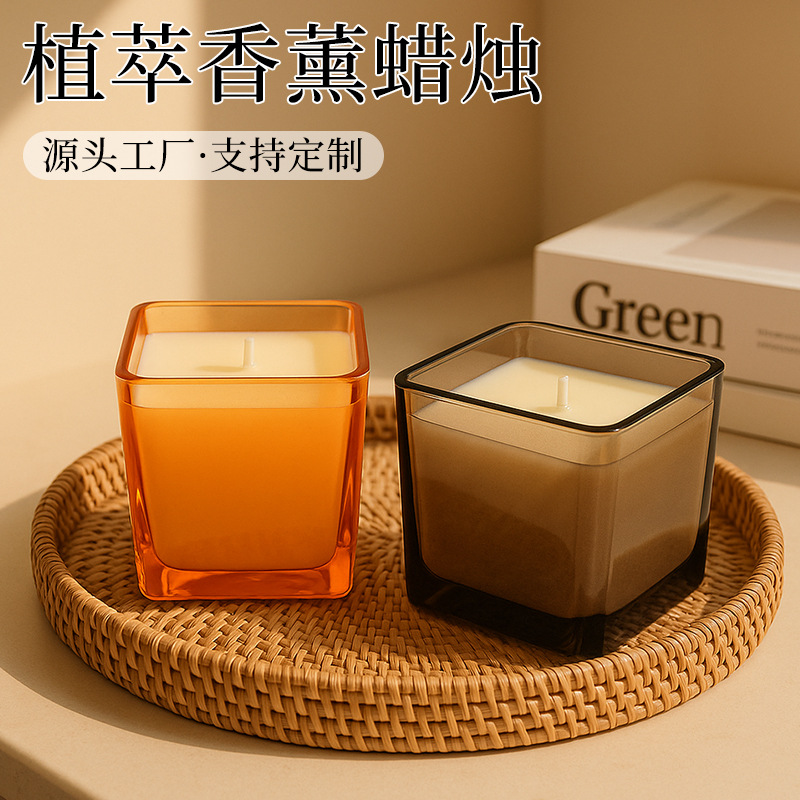 供应玻璃方缸蜡烛节日气氛蜡烛透明杯内灌蜡内喷色香味外LOGO