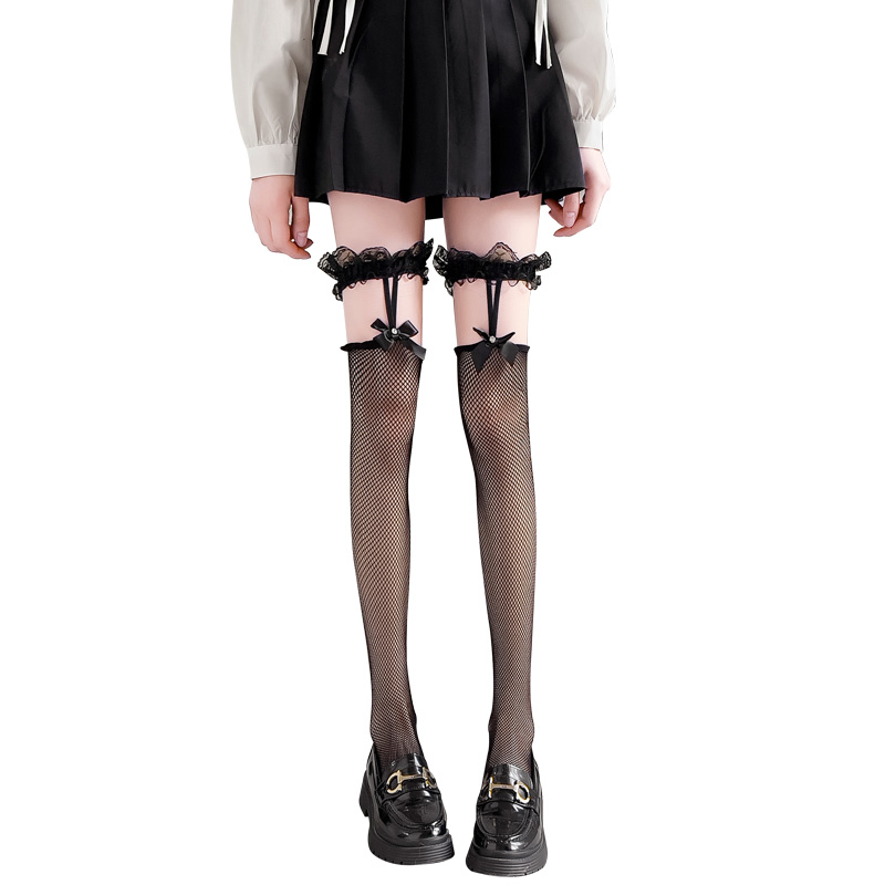 Encaje negro Sling arco hueco medias sexy mujer verano moda sexy calcetines de red sobre la rodilla medias delgadas