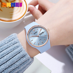 時刻美簡約時尚手錶硅膠皮帶圓形錶盤日曆防水潮流學生女表
