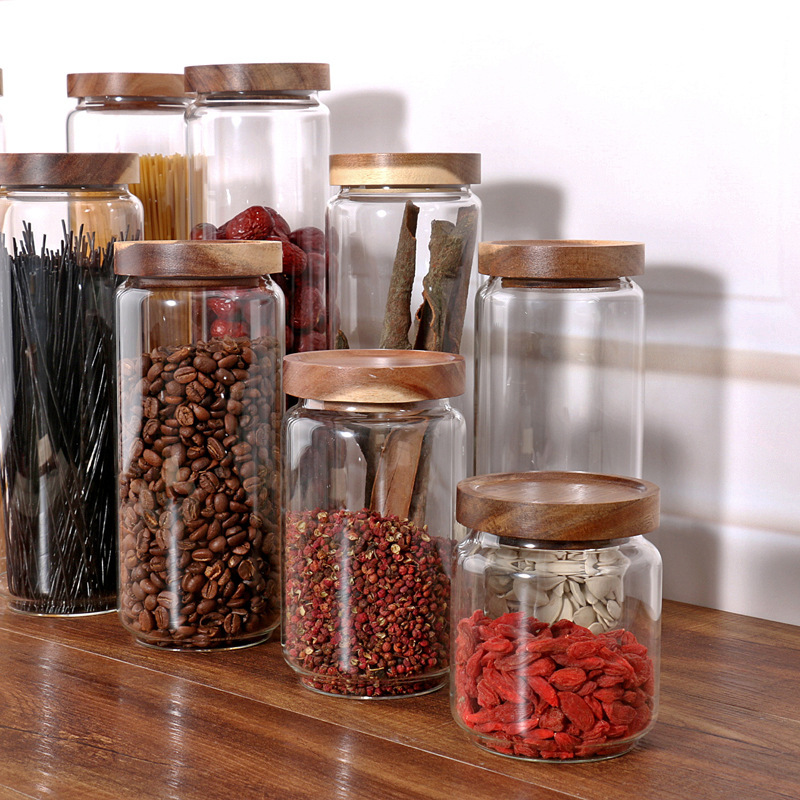 Tarro de vidrio de borosilicato con rosca sellada de madera de acacia para almacenamiento diario en la cocina, tarro para almacenamiento de granos variados, frutas secas y té.