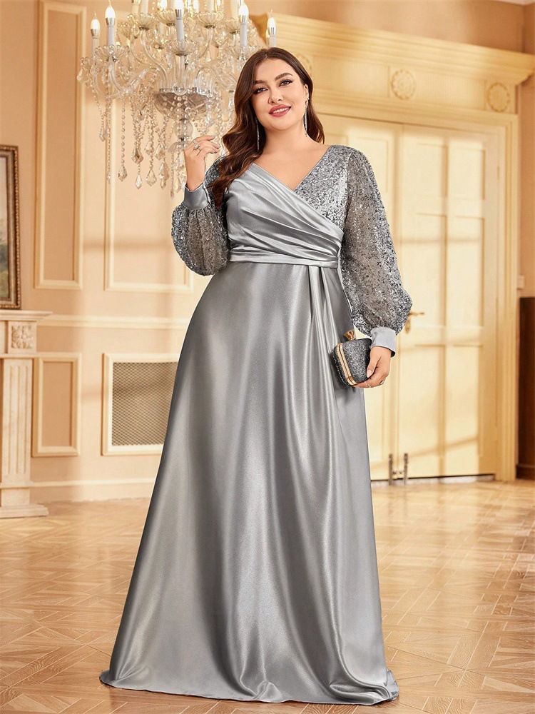 ChicShe Cross-Border Neues elegantes Plus-Size-Kleid aus Satin mit Pailletten, langen Ärmeln, V-Ausschnitt, schmal geschnitten, für Brautjungfern, Bankette und Abendveranstaltungen_voghion.com