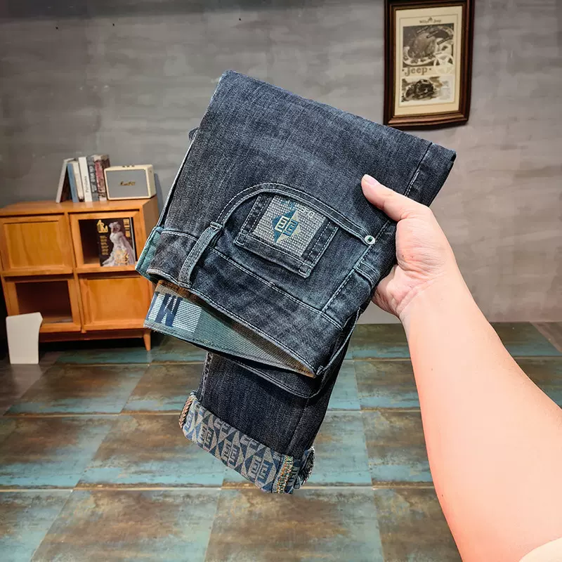 高端弹力黑色牛仔裤男2024春秋新款小脚裤秋季修身刺绣直筒长裤子