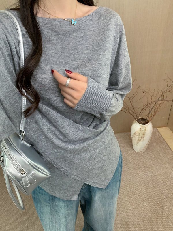交叉设计不规则下摆薄毛衣女秋冬季新款长袖针织打底衫气质上衣|undefined