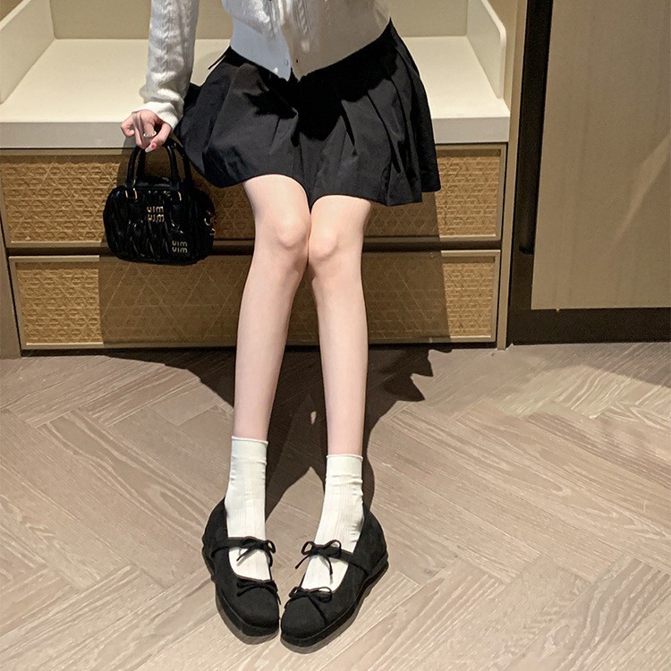 牛皮版~仙女风浅口4cm内增高法式蝴蝶结平底玛丽珍芭蕾鞋女单鞋|undefined