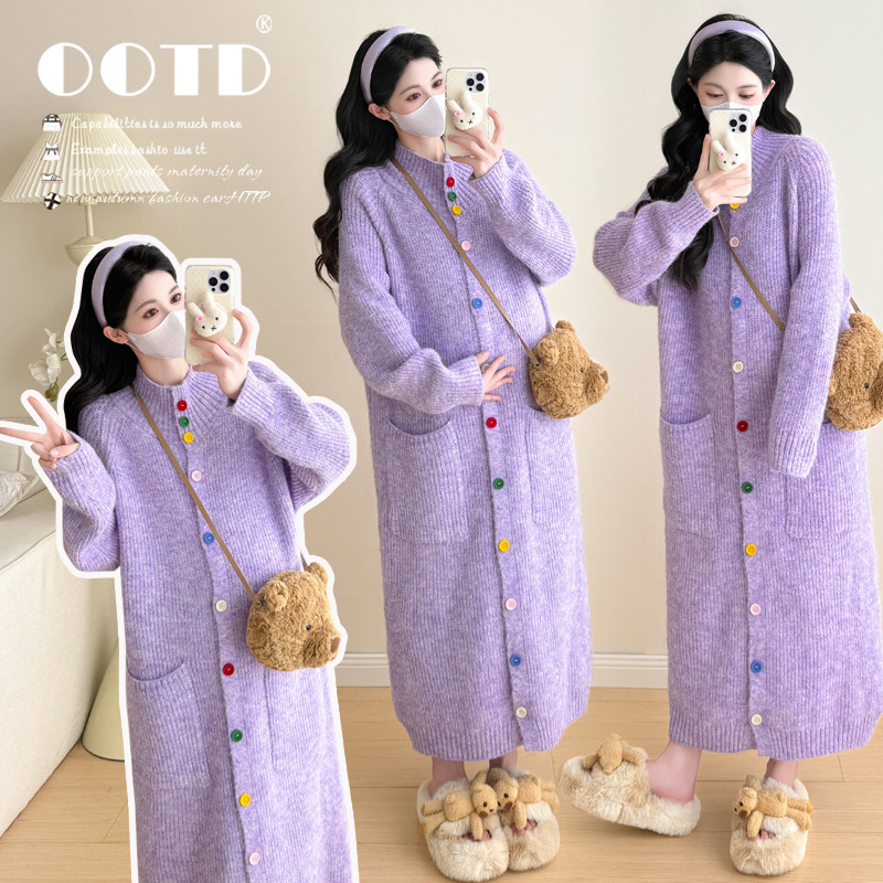 Real Shot of Ready-Made 2025 Autumn and Winter Maternity Sweater Jacket Dress with Colorfulful Buttons and Gentle Elegant
