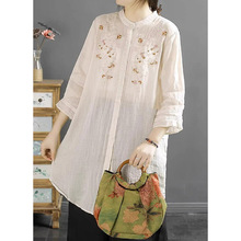 刺绣棉麻衬衫七分袖气质百搭中长款麻料上衣2025夏季宽松文艺女