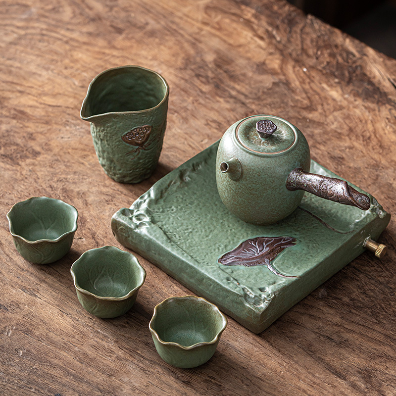 Creativo japonés Kung Fu té juego traje hogar cerámica té taza tetera gres simple viaje portátil una olla tres tazas