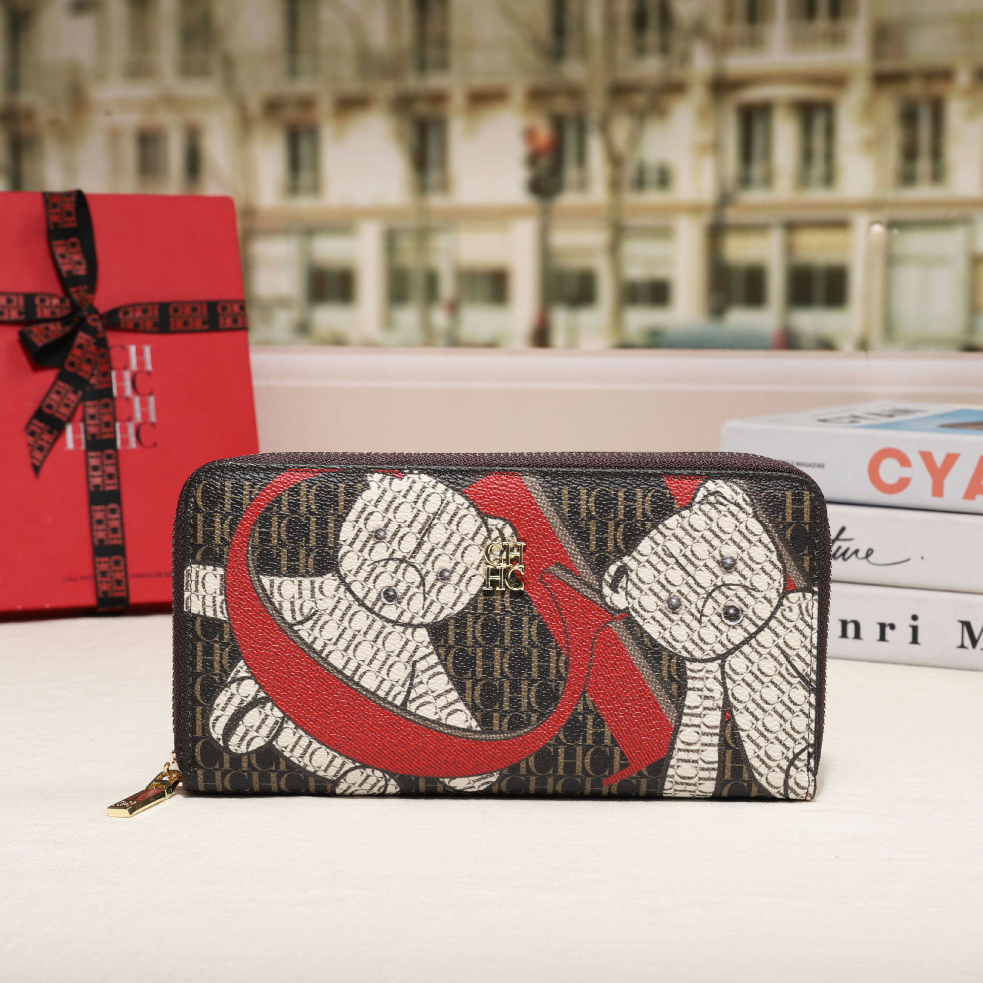 CHHC nuevo bolso 2025 moda femenina billetera con cremallera clásica textura real bolso largo unisex